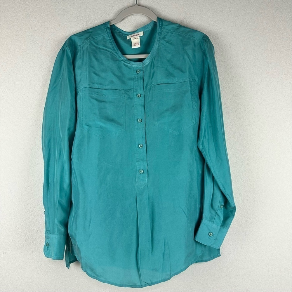 Sundance Blue 100% Silk Long Sleeve Button Up Top Size Medium